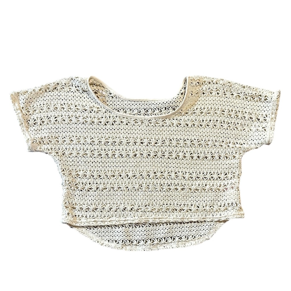 COLZA ivory/off white open knit short sleeve crop shirt size Large